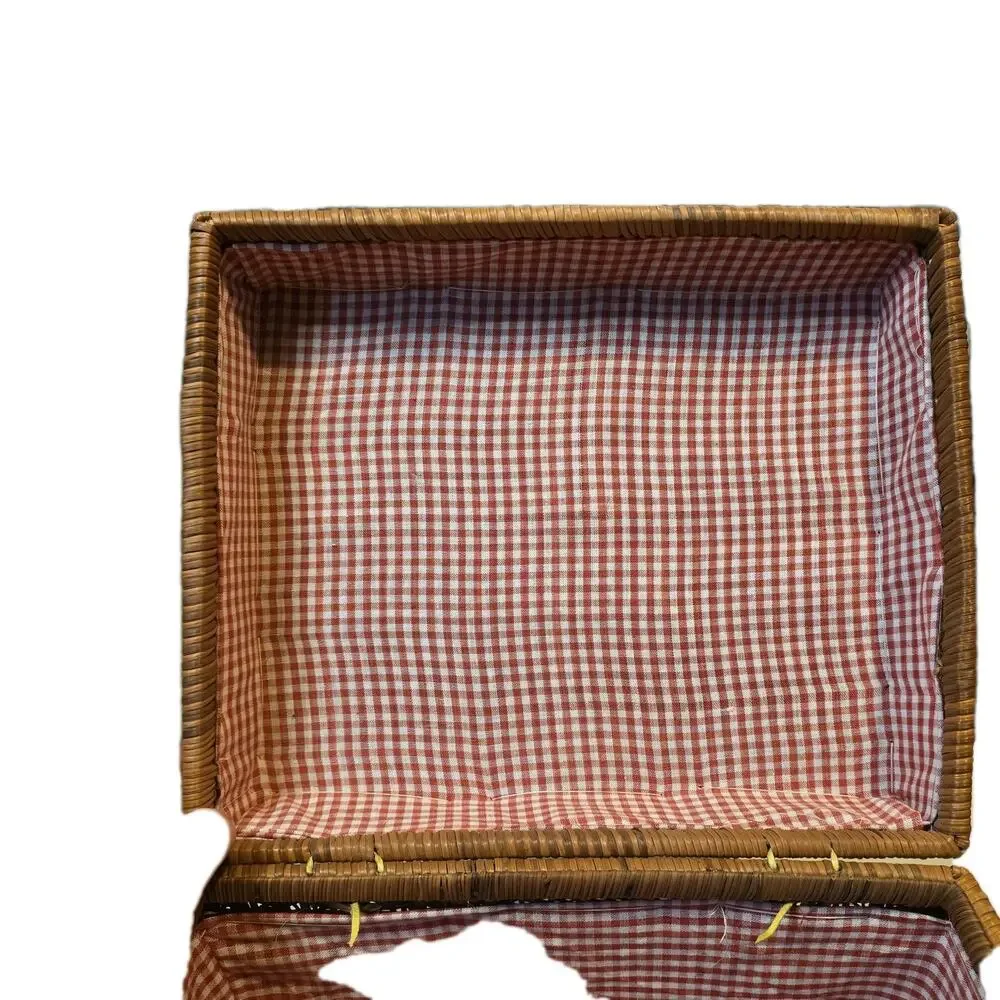 Vintage Wicker Picnic Basket w Lid Handles Red Gingham Liner 2 Woven Plates 12